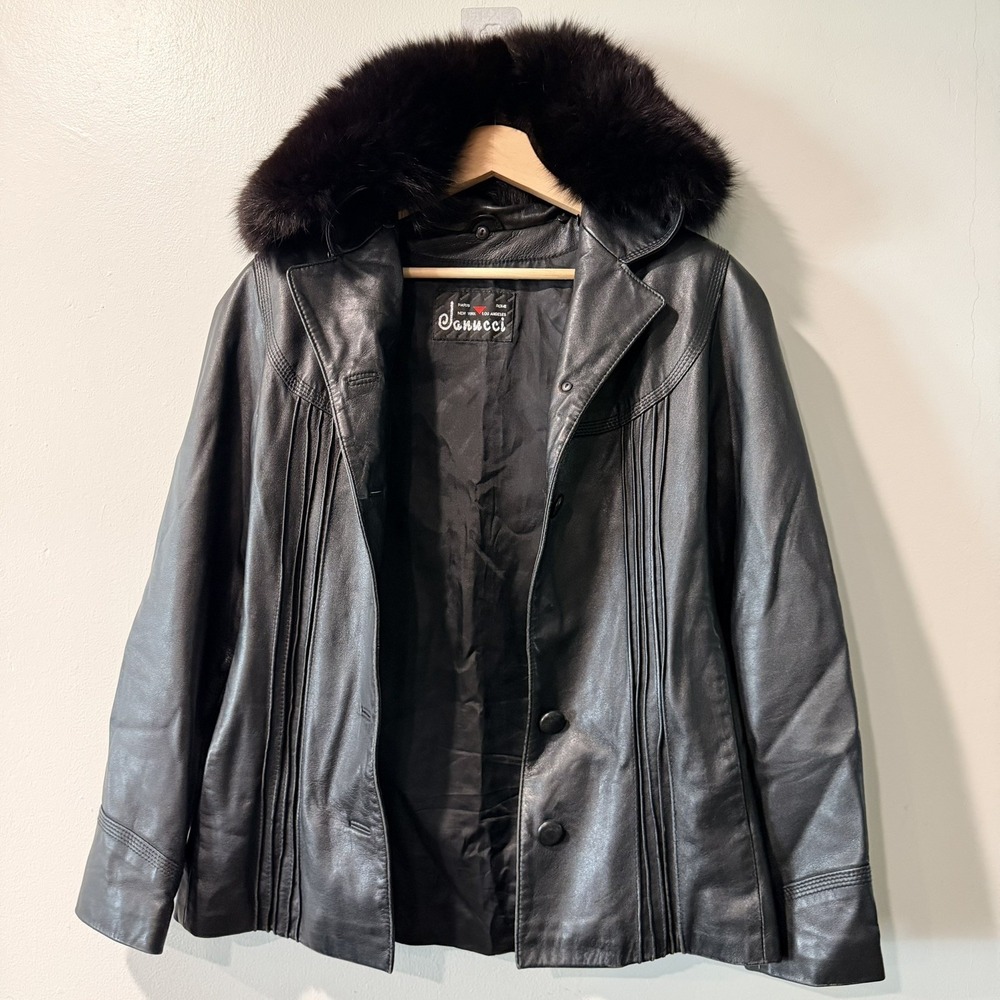 RARE Janucci Genuine Leather Fox Fur Coat jacket Black S  vintage